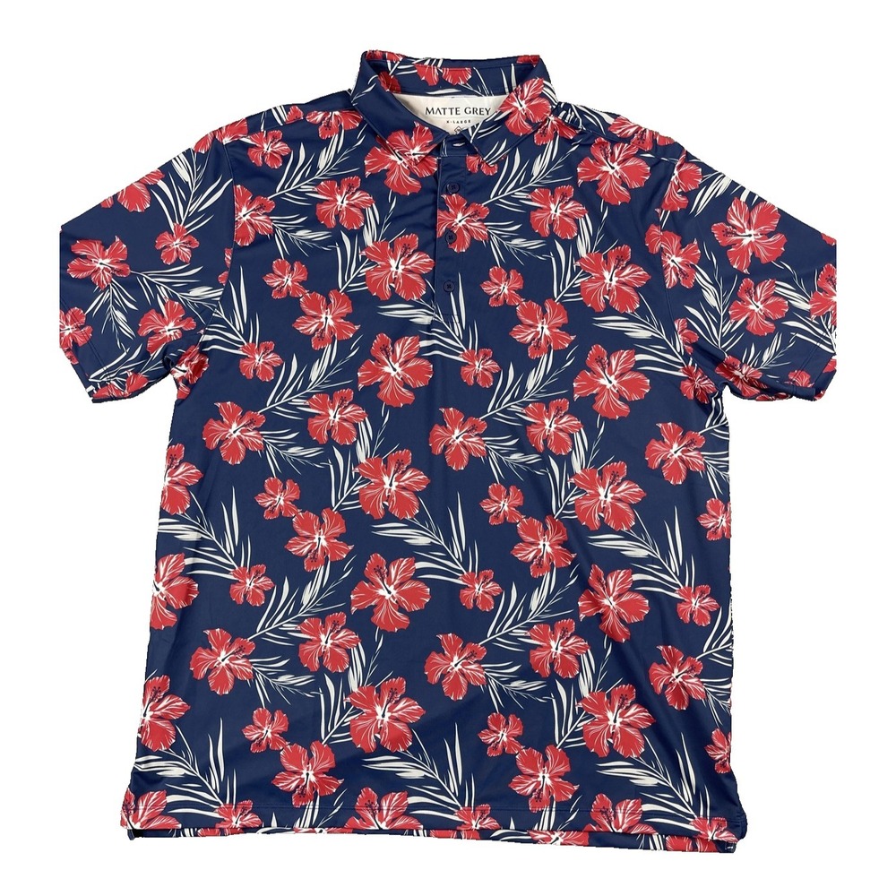 Matte Grey Polo Shirt‎ Mens XL Blue Red Floral Hawaiian Golf Performance
